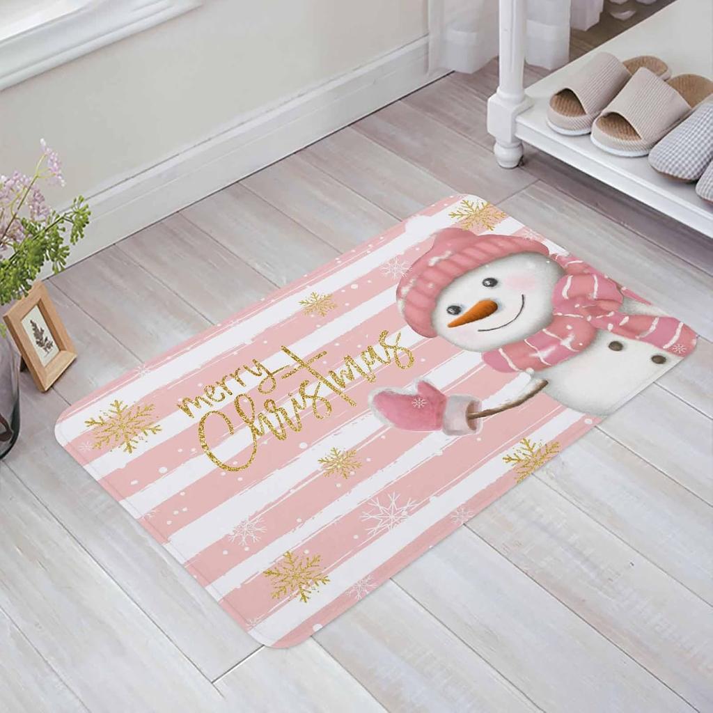 Christmas Pink Snowman Striped Non-slip Rug Living Room Entrance Welcome Door Mat Bedroom Bedside Foot Mat Christmas Decorations