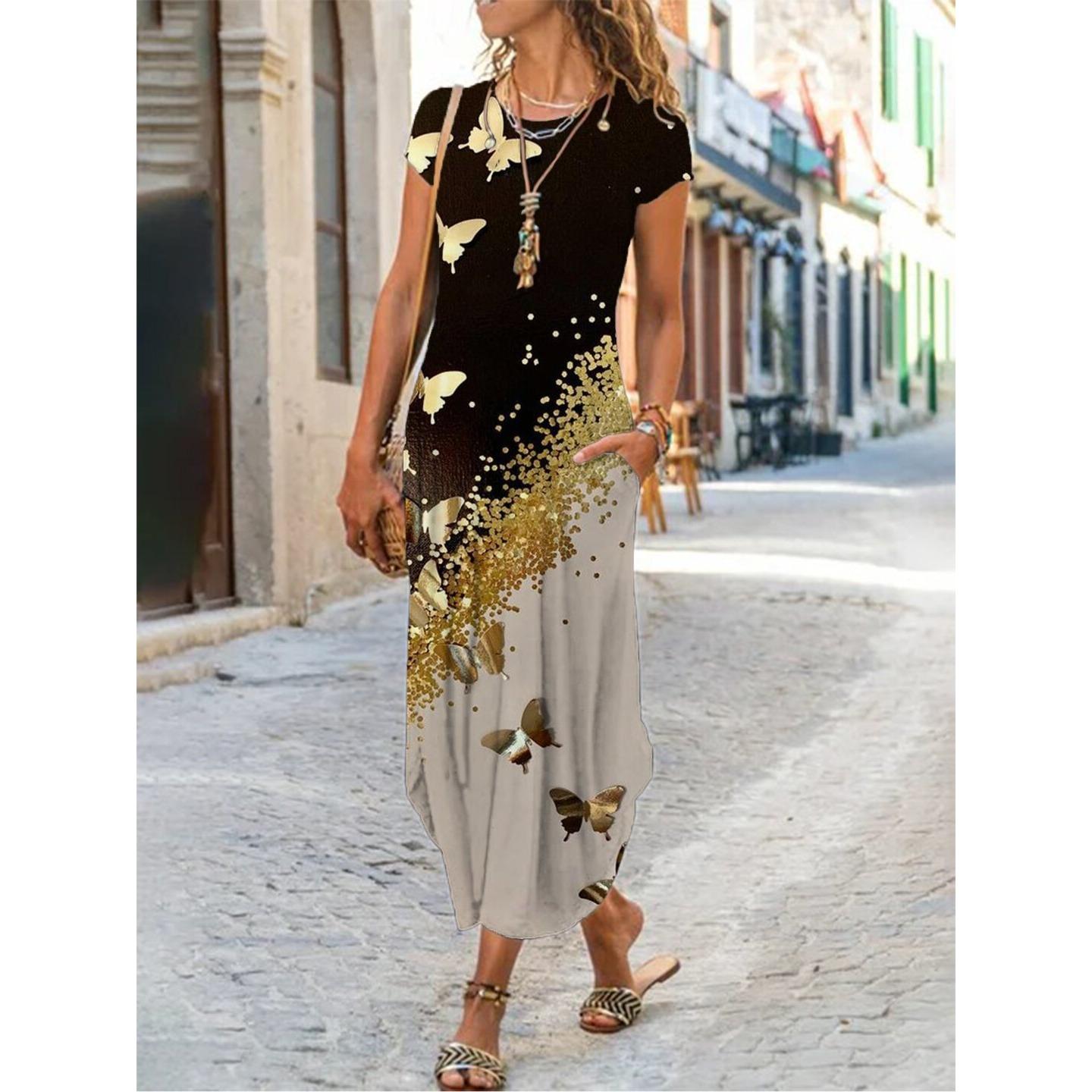 

QICED Женское платье с круглым вырезом, карманом, коротким рукавом и трендовым принтом XL