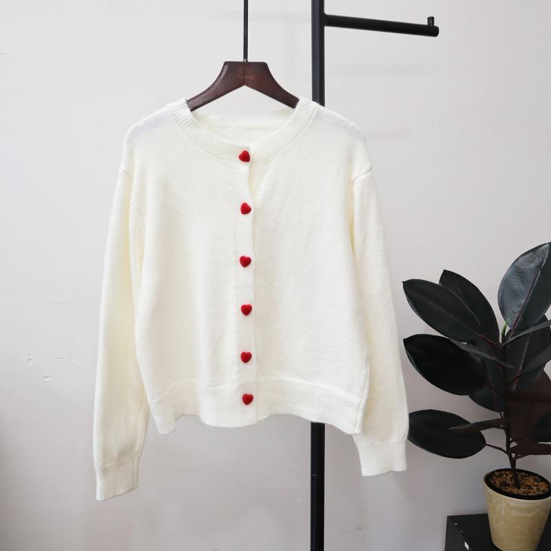 Autumn and Winter New Love Buckle Knitted Cardigan Round Neck Lazy Style Temperament Soft Waxy Sweater Jacket Women