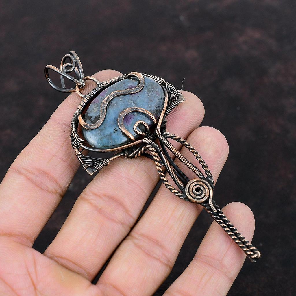 Ruby In Blue Kyanite Pendant Copper Wire Wrapped Pendant Genuine Gemstone Pendant Handmade Wire Wrap Jewelry Gift For Friend Copper Jewelry
