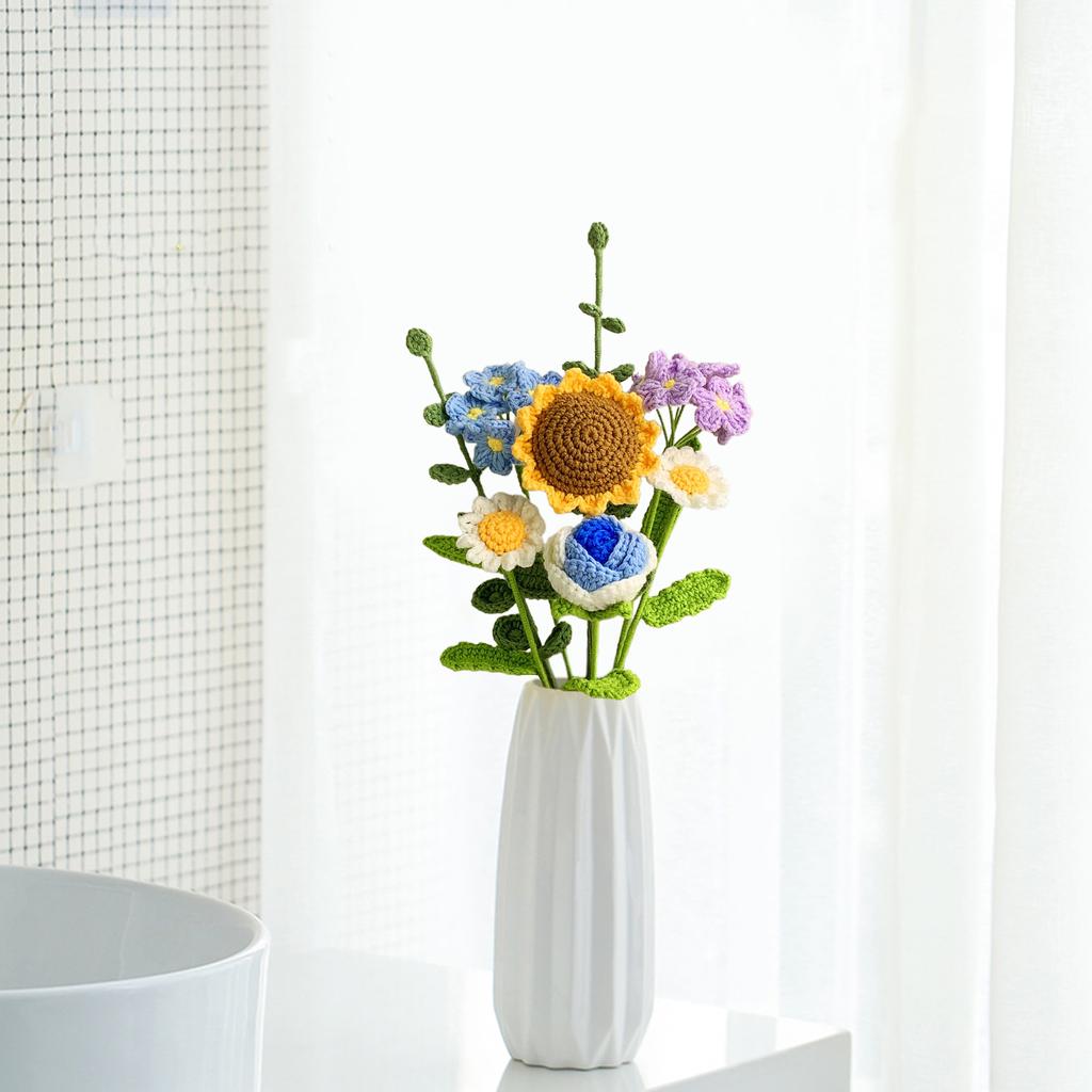 Hand Knitted Bouquet Of Simulated Crochet Wool Fake Flowers Small Daisies
