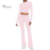 2 Pcs/Set Women Top Pants Suit Skinny High Waist O Neck Long Sleeves Pure Color Stretchy Soft Breathable Yoga Bell Bottoms T-shirt Set Spring Summer