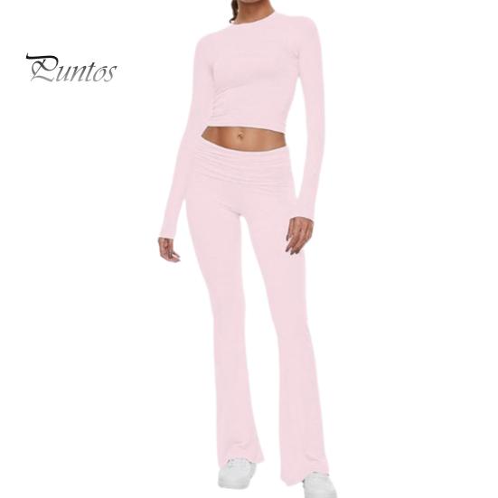2 Pcs/Set Women Top Pants Suit Skinny High Waist O Neck Long Sleeves Pure Color Stretchy Soft Breathable Yoga Bell Bottoms T-shirt Set Spring Summer