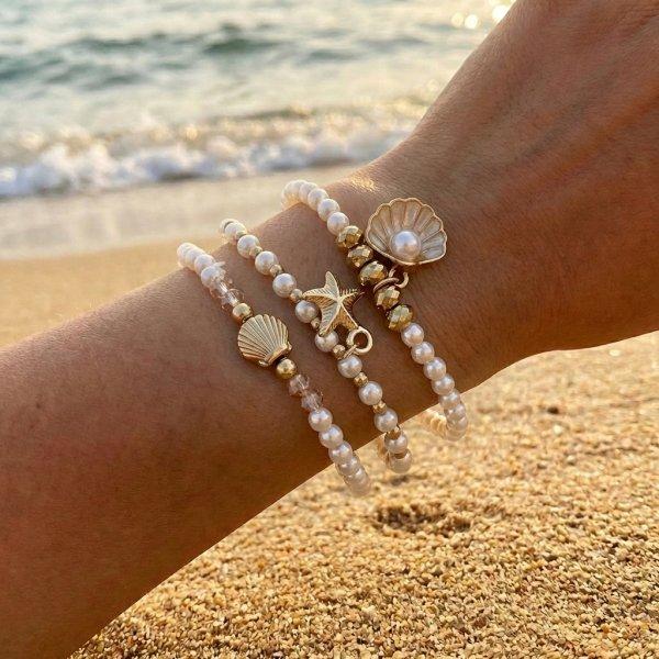 Boho-Mehrlagen-Perlenarmband-Set für Damen Sommer Ozean Strand Seestern Muschel Anhänger Elastische Armreifen Urlaubs Schmuck