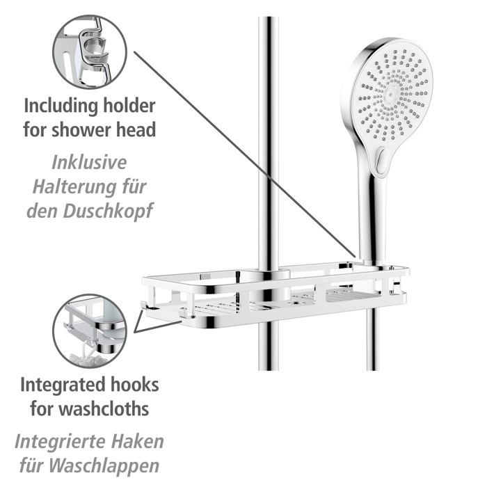 Shower Holder - WENKO - Liberta - Easy Installation - Integrated Hooks - Chrome Design
