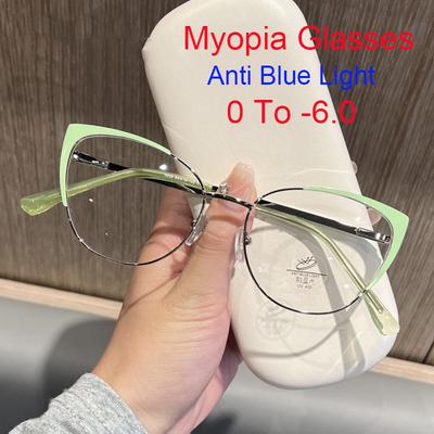 Stylish Green Cat Eye Myopia Computer Eyeglasses Elegant Female Trend Brand Prescription Glasses Anti- Blue Lightweight Eyeglasses Minus -3