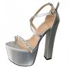 Aneikeh Silver Fashion Ultra Square High Heels Buckle Strap Crystal Diamond Chunky Platform Women's Sandals Wedding Prom Shoes