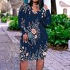 Women Plus Size V Neck Long Sleeve Floral Printed Dark Green Fitted Dress