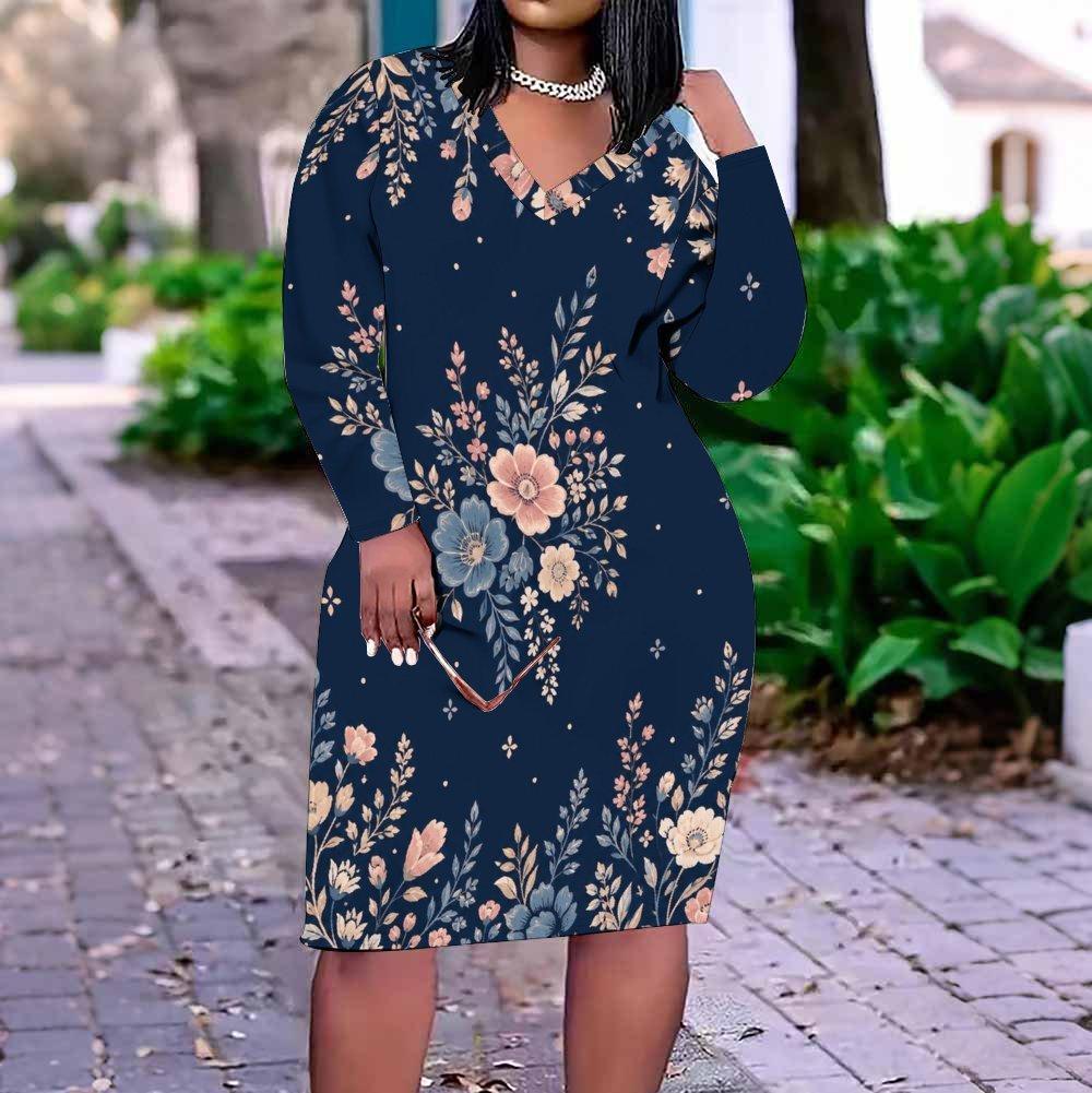 Women Plus Size V Neck Long Sleeve Floral Printed Dark Green Fitted Dress
