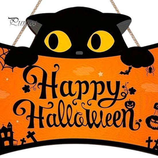 Halloween Yard Hanging Signs Wooden Door Plaque, Printed Black Cat Pumpkin Castle Spider Web Front Creative Gifts Sign, Waterproof Ornament for Indoor