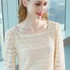 Lace Bottom Shirt for Women Straight Neckline Hollow Out Blouse Sexy Three Quarter Sleeve T-shirt