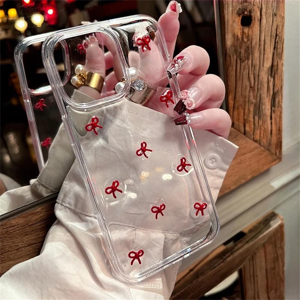Glitter 3D Little Red Bowknot Case For iPhone 17 Air 16 15 12 11 Pro Max 14 Plus XS MAX XR Girl Clear Epoxy Soft Cover