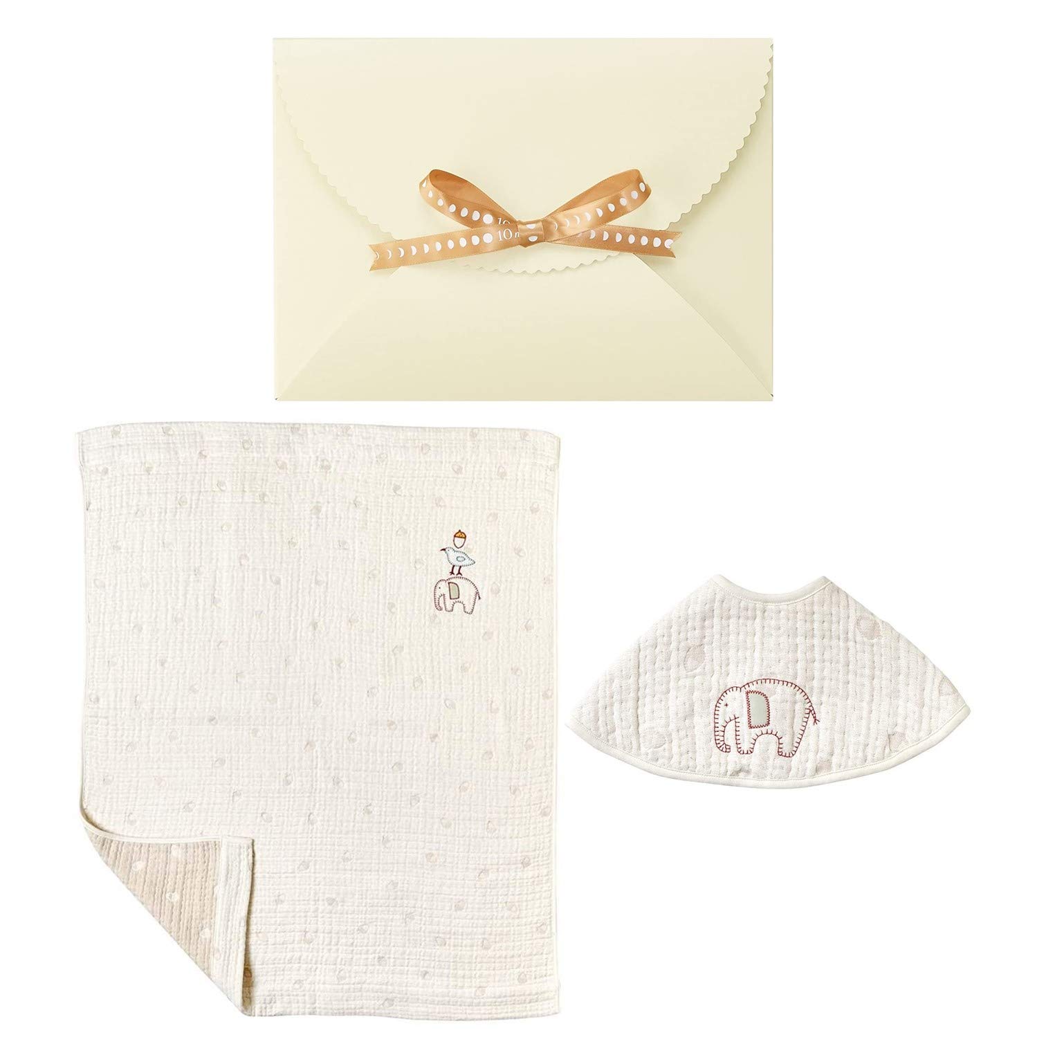 

10mois Hoppetta Baby Gift Guri Fluffy Gauze with Bib Baton - Set (6-Layer Gauze) Blanket, 100% Cotton, Medium, 90x110cm, (Off-White) (Product Code