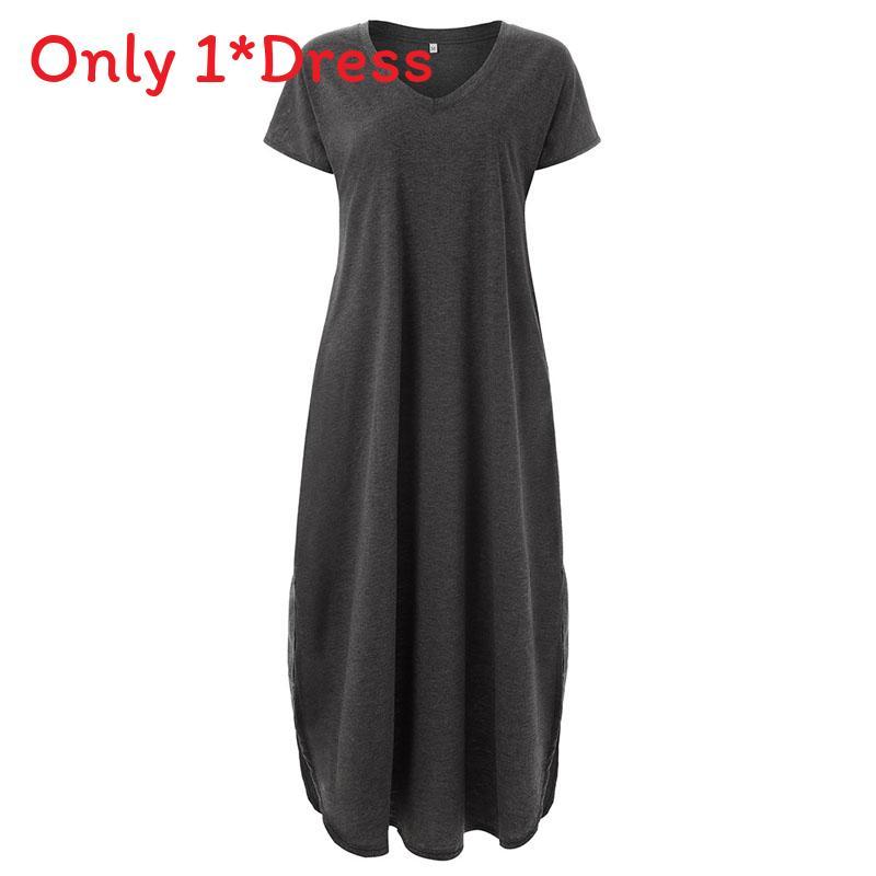 Polyester Vneck Pocket Split Long Dress For Casual Summer Wear
