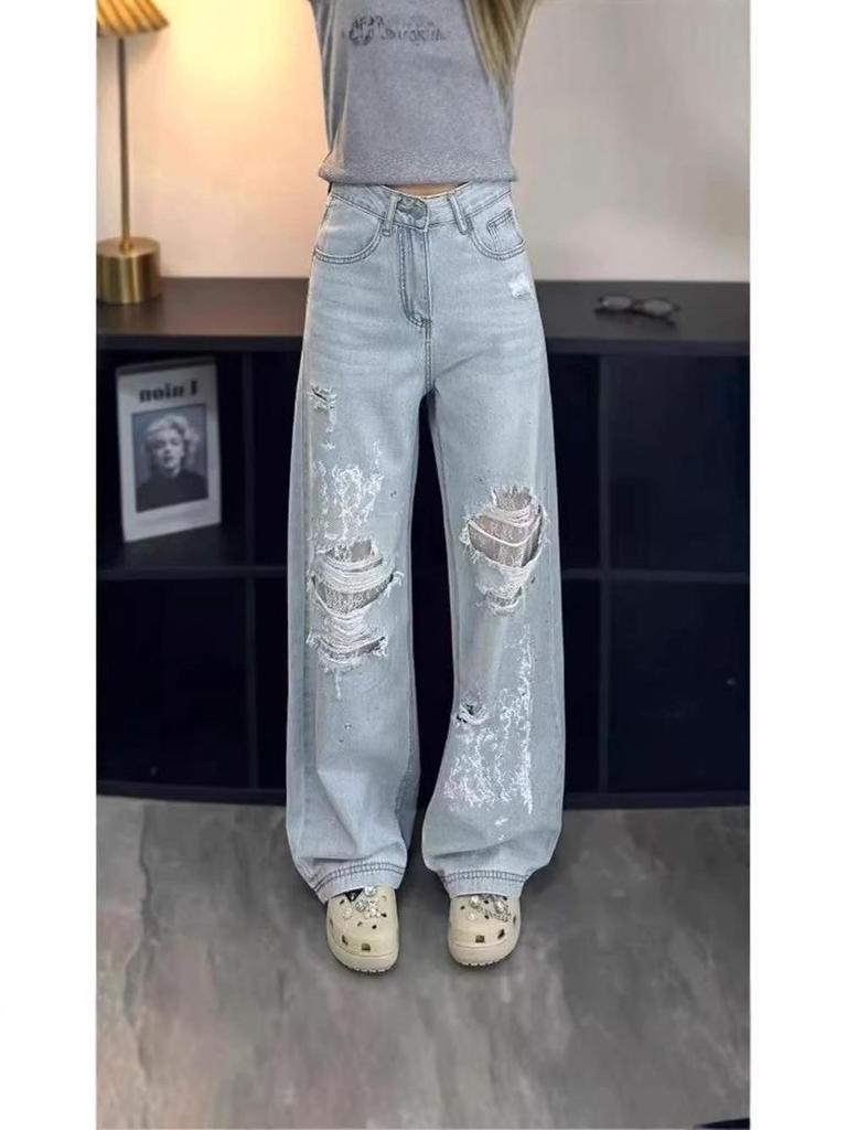 Light Blue Heavy-Duty Rhinestone Ripped Women's Jeans - 2026 Summer Loose Lace Design