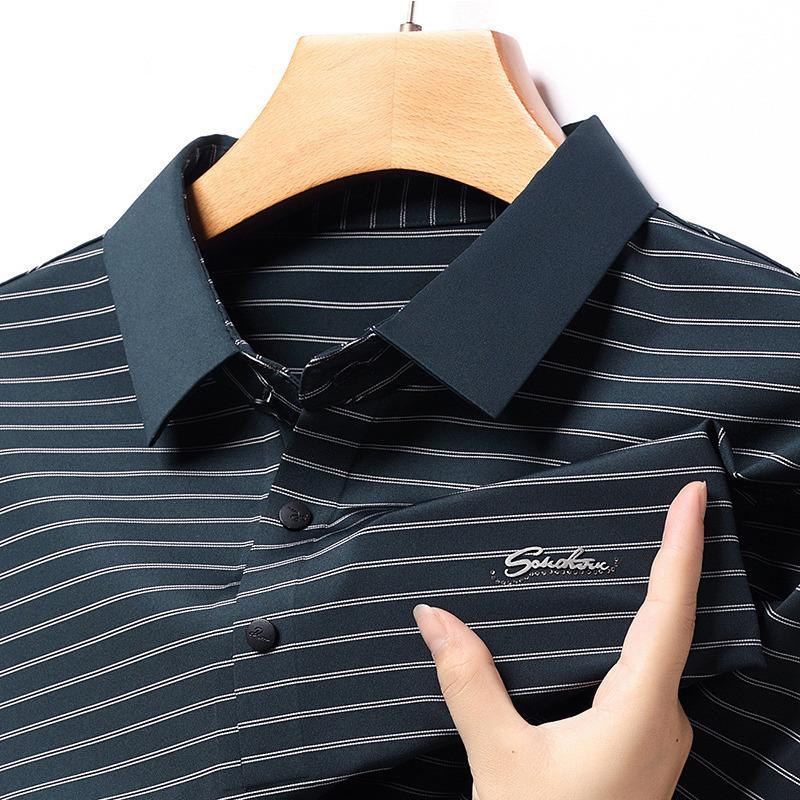 Nuova Maglietta a Maniche Lunghe da Uomo Autunnale Maglietta da Papà Senza Cuciture a Righe Larghe con Risvolto da Uomo Abbigliamento da Uomo