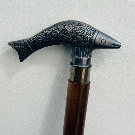 Wooden Walking Stick Antique Style Brass Victorian Fish Handle Cane Gift London seller