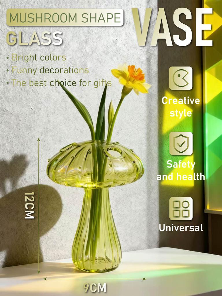 Creative Mushroom Shape Glass Vase (12CM X 9CM) - Bright Color Decorative Vase for Flowers & Gifts