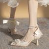 Bow Hollow High Heels Women's Sandals Temperament Pearl Chain Pointed Women's Shoes Women's Versatile Single Shoes Women