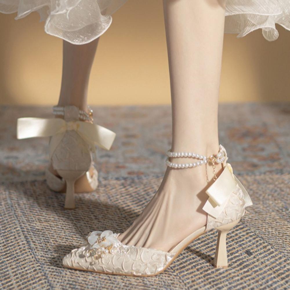 Bow Hollow High Heels Women's Sandals Temperament Pearl Chain Pointed Women's Shoes Women's Versatile Single Shoes Women