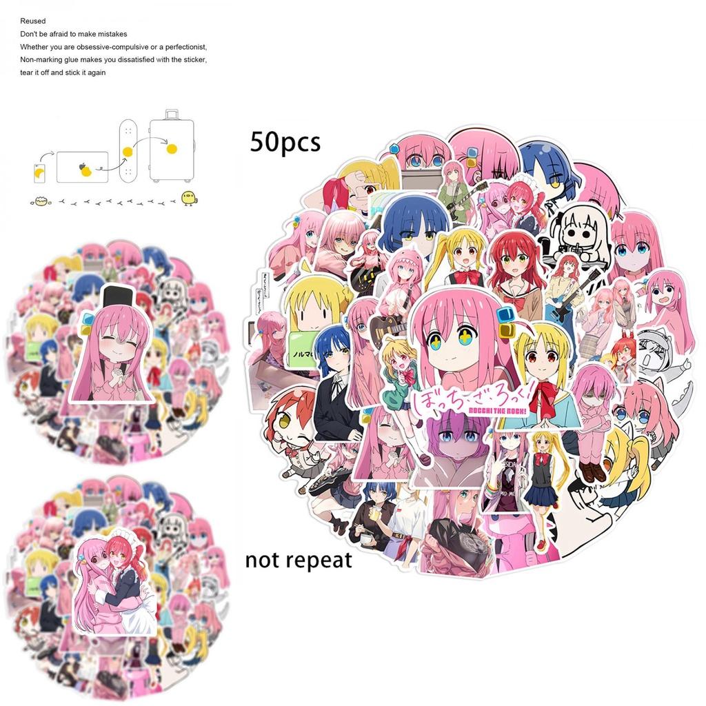50pcs Bocchi The Rock Waterproof Reusable Adhesive Graffiti Stickers Decorate Luggage/trolley Cases