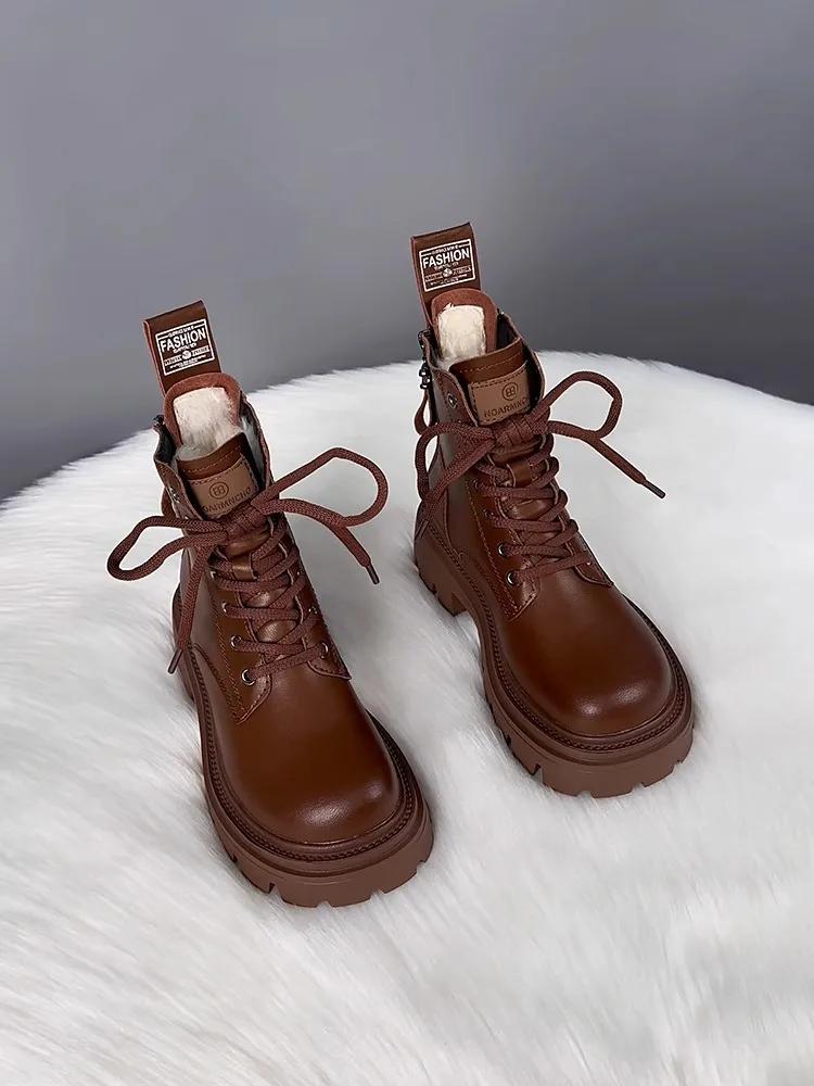 

Зимние новые женские ботинки высокого качества, толстая подошва, противоскользящие, уличные снежные ботинки с бархатной теплой кожаной поверхностью, женская обувь 40 коричневый