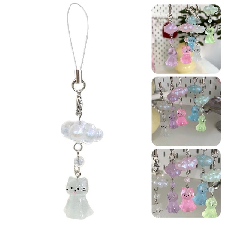 Fashionable Cat and Cloud Phone Lanyard Keychain Hanging Ornament Resin Texture Key Accessory for Various Occasion