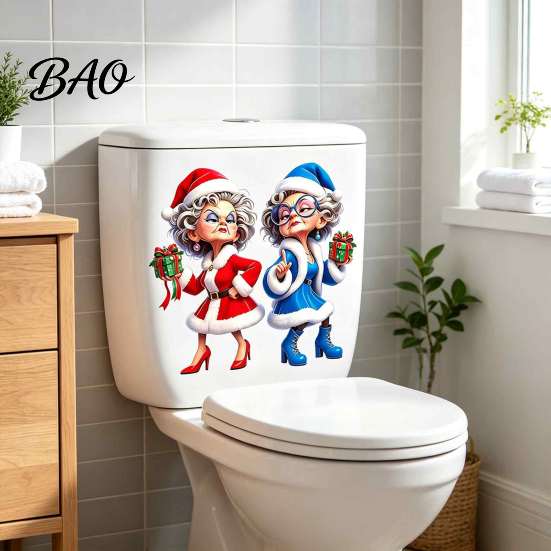 Holiday Bathroom Decorations Christmas Granny Toilet Sticker, Funny Cartoon Mrs. Claus Decal, Waterproof Party Supplies PVC Self Adhesive Decal