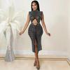 Damen Sexy Netz Durchsichtig Heißer Strass Hohl Schlitz Kleid C5796