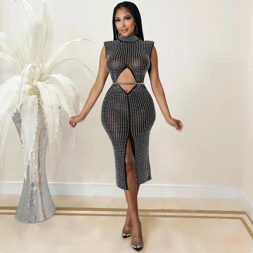 Damen Sexy Netz Durchsichtig Heißer Strass Hohl Schlitz Kleid C5796