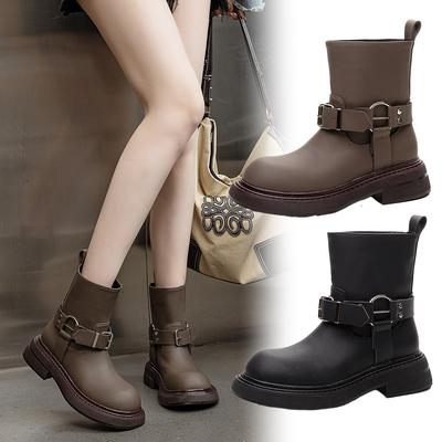 Cuir bottes Martin pour femmes style britannique boucle de ceinture 24 automne et hiver nouvelles bottines à semelles épaisses rehaussantes bottes rétro locomotive