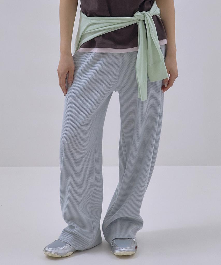 Sayu Soft Waffle Curved Elastic Waist Pants Light Blue