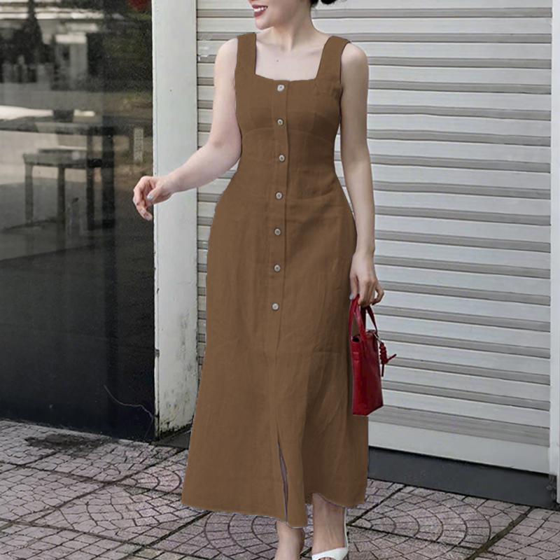 ZANZEA Women Square Collar Summer Casual Sleeveless Dress