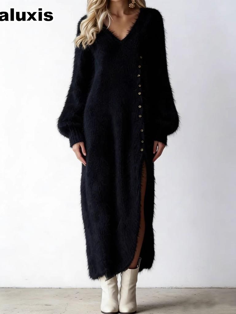 Autumn V-Neck Loose Ruffled Maxi Dress for Women