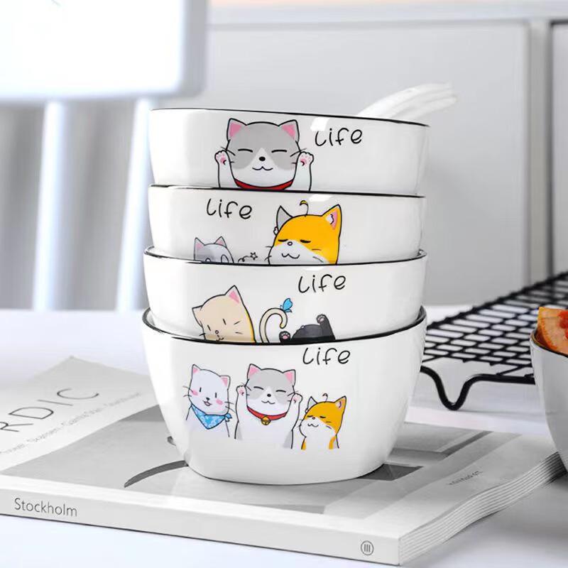 ZISIZ European Style Cat Print Ceramic Bowls (Set of 2)