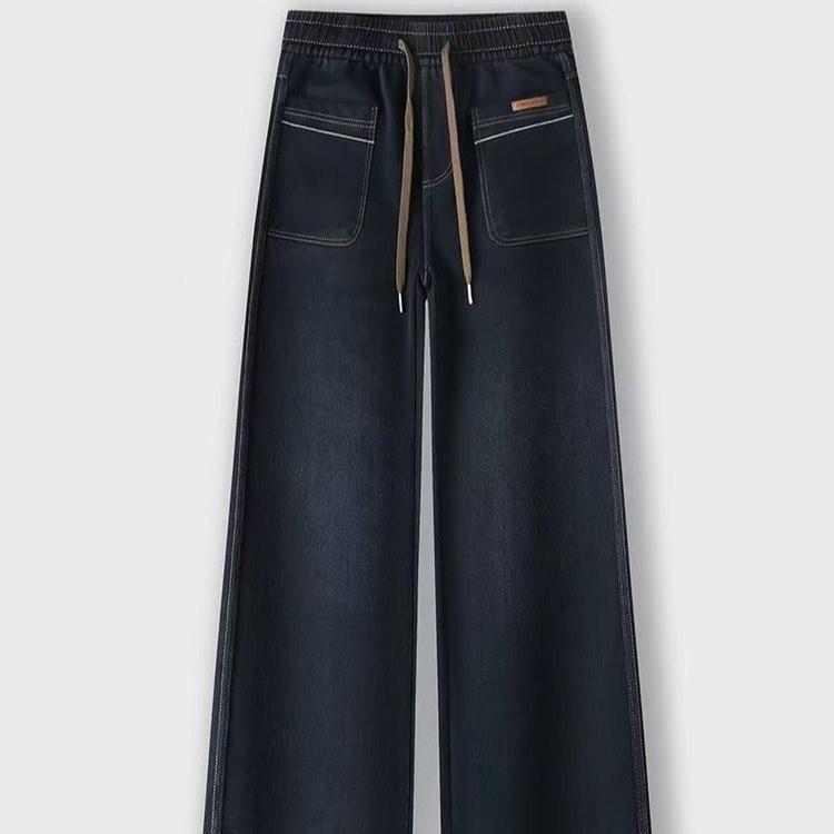

Women s High-Waisted Washed Straight Leg Jeans with Large Pockets - Versatile Loose Fit for Spring/Autumn 6XL (121-170 lbs) синий