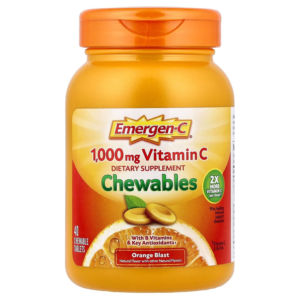 Emergency Vitamin C Chewable Tablets, Orange Blast, 1000mg (40 Count, 500mg Per Tablet)