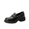 Sunflower~ round head small leather shoes thick-soled retro small gold buckle genuine leather thick heel lazy loafer single shoes women's small le