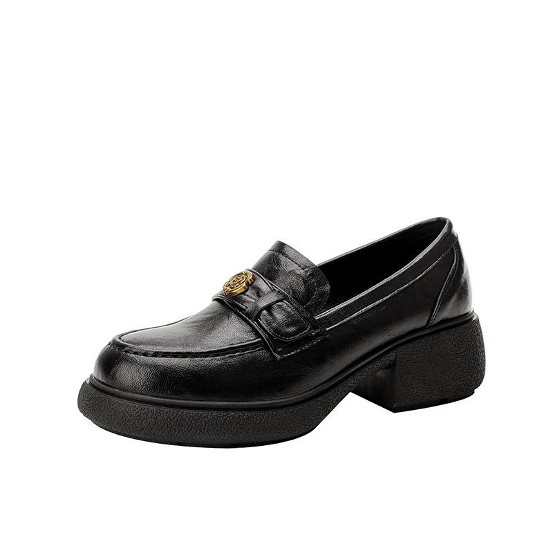 Sunflower~ round head small leather shoes thick-soled retro small gold buckle genuine leather thick heel lazy loafer single shoes women's small le