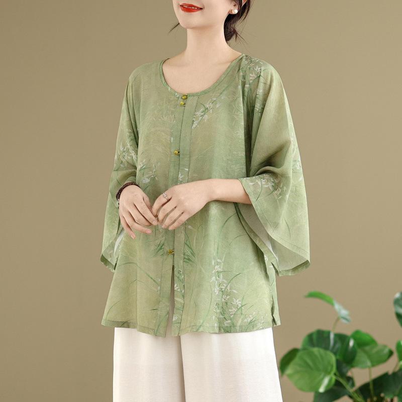 

2025 Retro Ming Dynasty Chinese Style Round Neck Summer Shirt & Wide Leg Pants Set XL