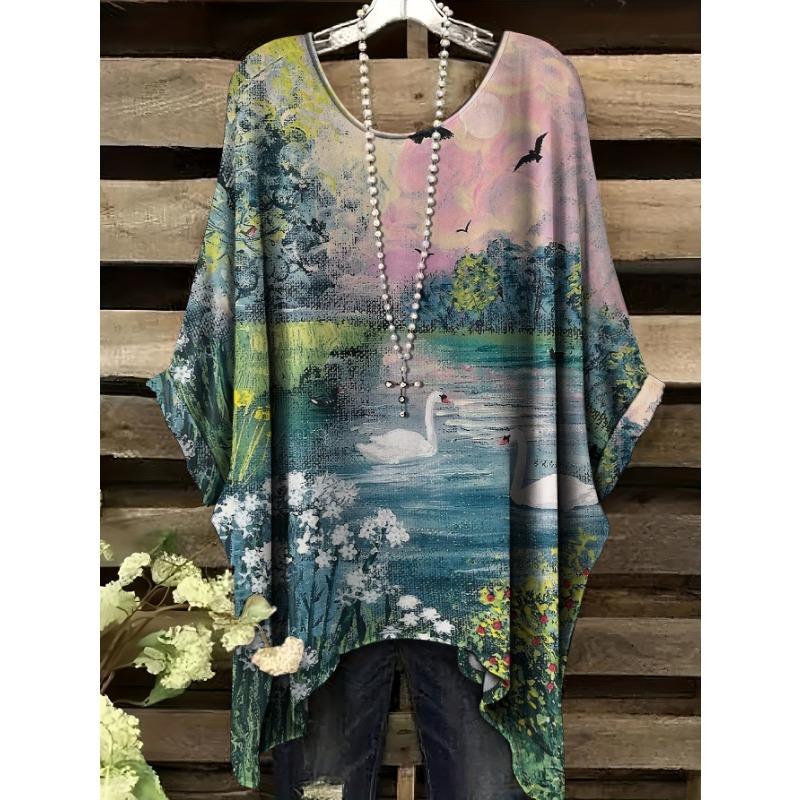 Printed fashion new short-sleeved plus size T-shirt for vacation, Walden Pond printed round neck T-shirt without accessories 1XL