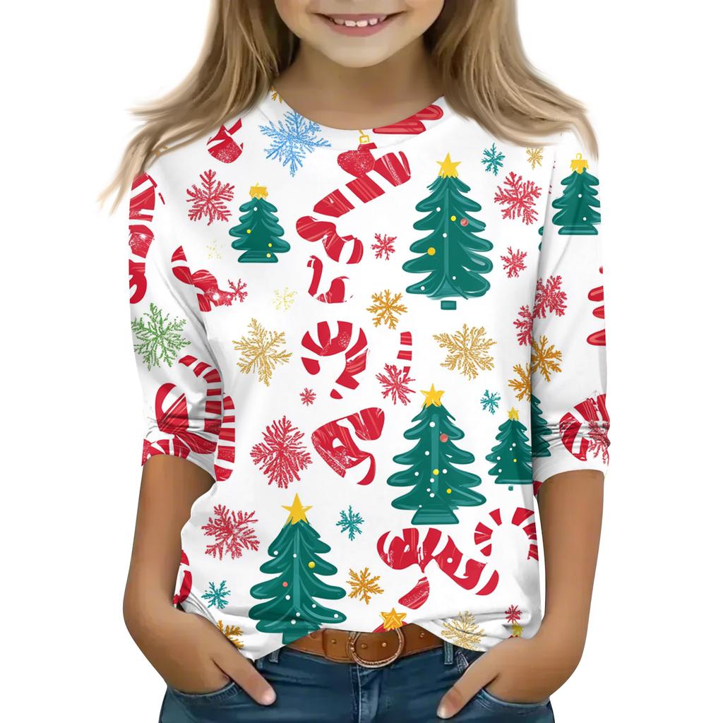 Christmas Day Print Tops For Youth Girls 5-16 Years Round Neck 3/4 Sleeves T-Shirts Trendy Tops Outfit Tees