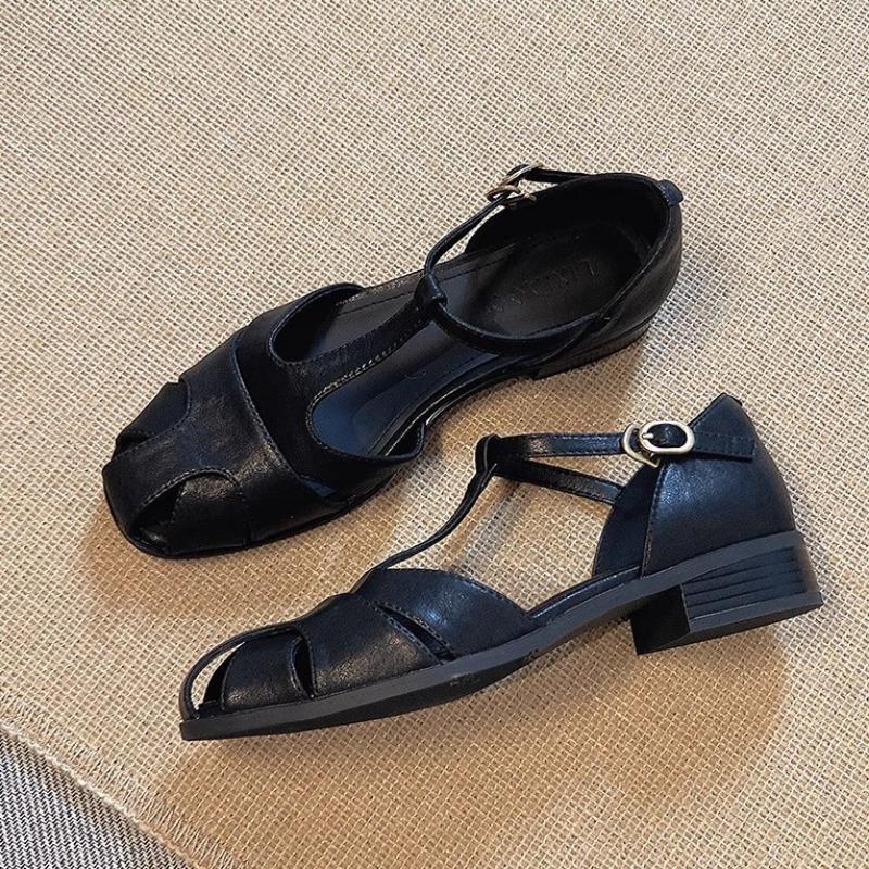 Sheepskin version~ retro round head hollow summer leather sandals women's one-word with hollow thick heel literary style bag head shoes