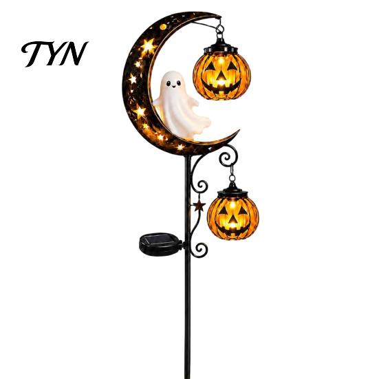Solar Halloween Garden Lights White Ghost Pumpkin Moon Stake Light, Waterproof LED Autumn Festival Pathway Ornaments Yard Decoration,