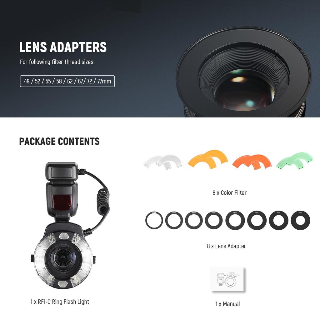 Neewer Marco Ring 76Ws GN15 5600K TTL Speedlight with Curtain Color and Lens Adapter Ring for and Macro Photography with EOS Cameras RF1-C Flash,