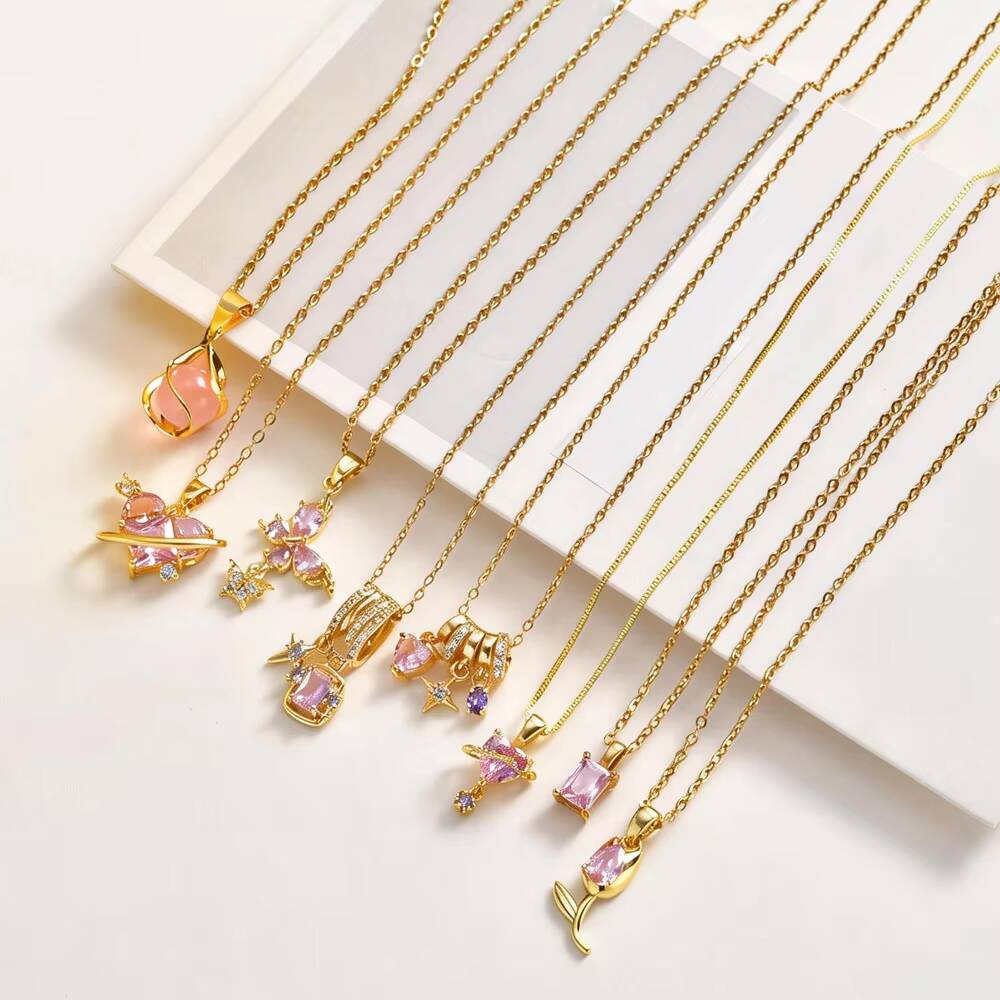 Vnox Elegant Cubic Zirconia Pendant Necklace for Women Girls, Fashion Pink Crystal Charm Heart Jewelry Valentine's Day Gifts New