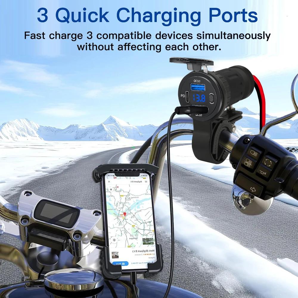3-Ports 12V Motorcycle QC 3.0 USB Fast Charger Waterproof with Type C Port New PD Outlet Handlebar Mounting Cellphone Chargers