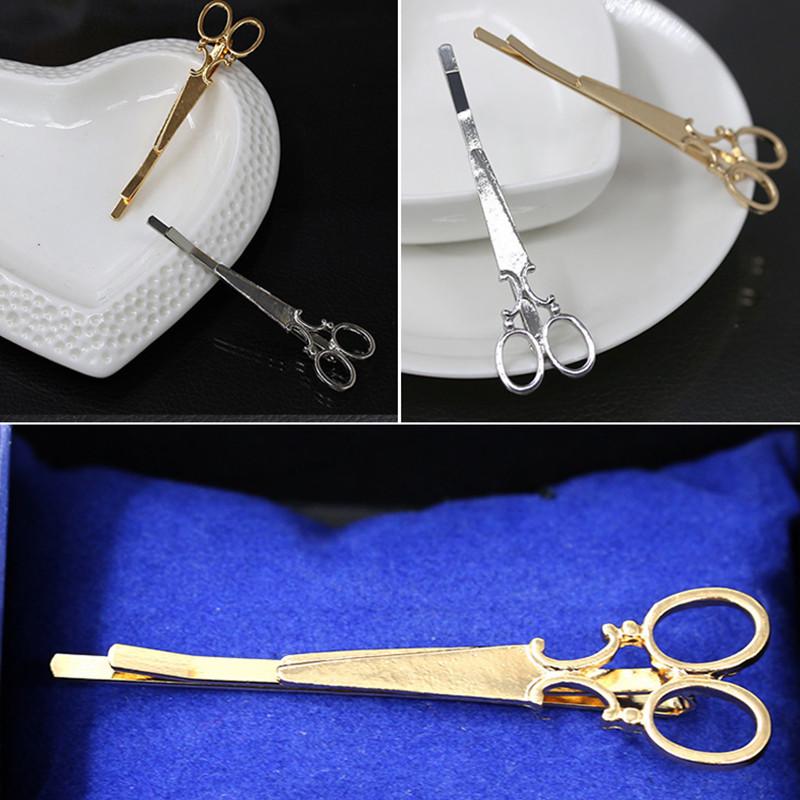 1x copricapo per capelli con fermaglio per capelli a forma di forbici dorate e argentate alla moda da donna