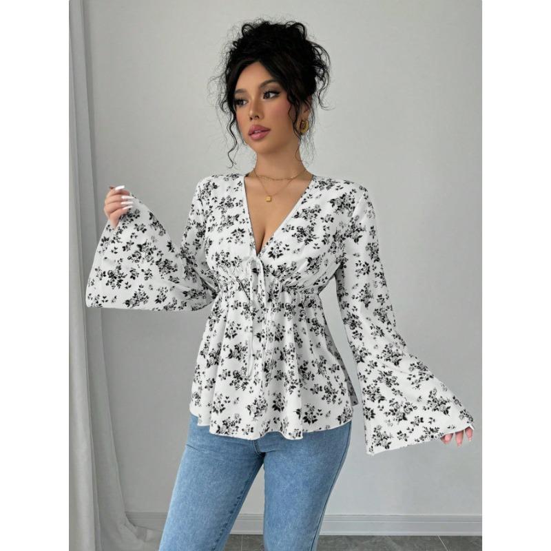 A Fresh and Sweet Autumn Style, High-waisted Printed and Youthful Floral Shirt Top for Women In Autumn and Winter