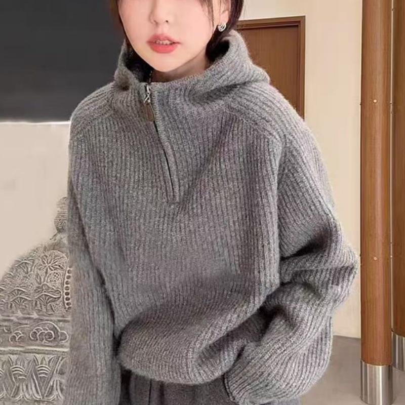 Women's Half-Zip Hooded Loose Knit Sweater - Cozy Autumn/Winter 2026 Collection
